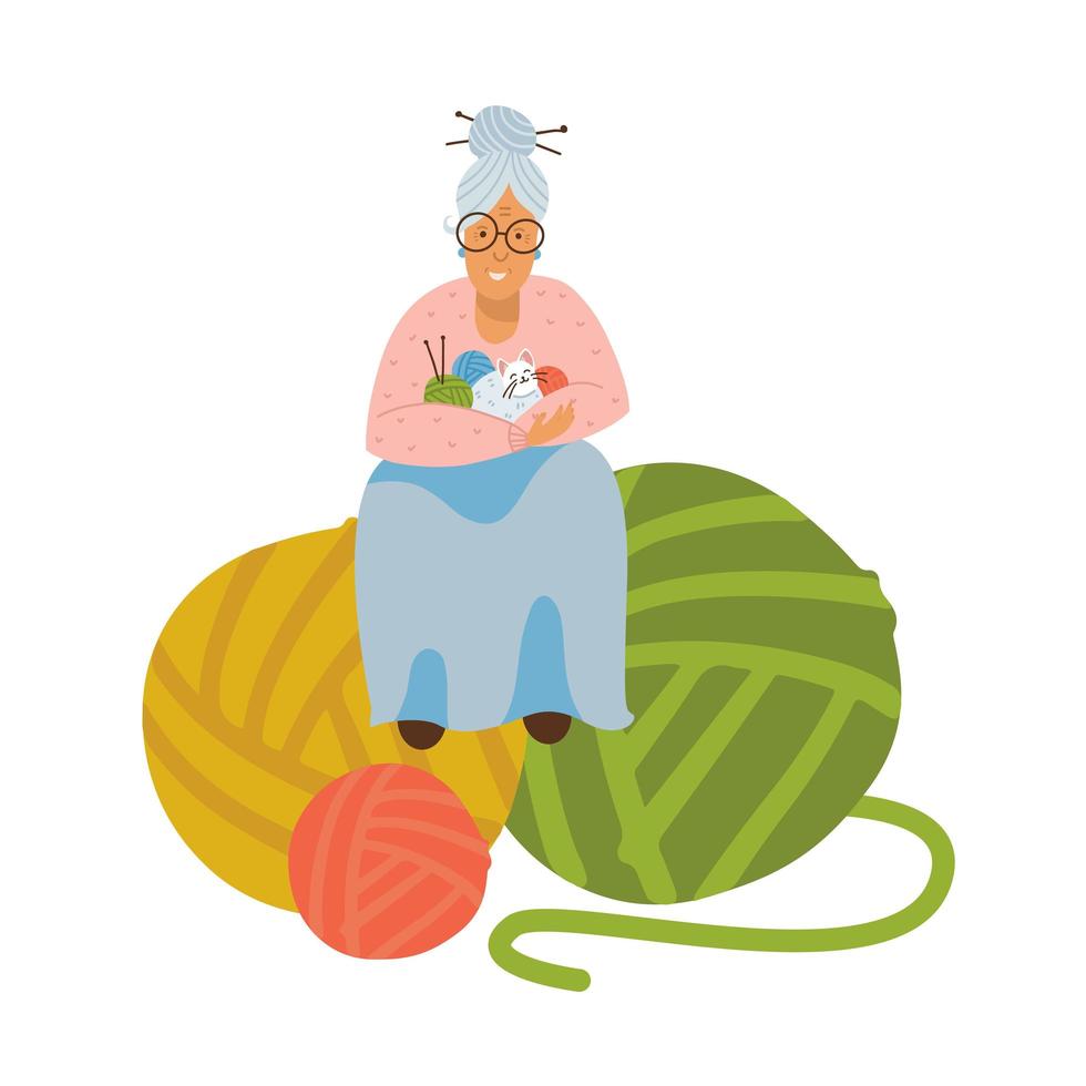 Grandmother kniting. Elderly woman with ball of yarn in hands. Grandma is sitting on huge clews. Funny Cat sits on handles. Vector flat illustration