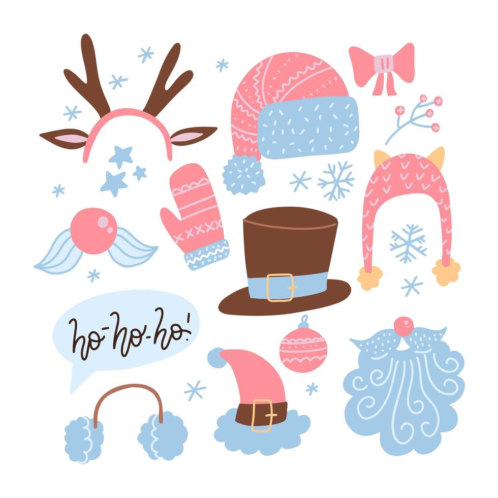 Constructor of christmas character face. Reindeer antlers, hats, mustache, beard, cap to create a face of Santa Claus. Easy to make your Santa person. Humor Christmas,new year. Flat Vector set