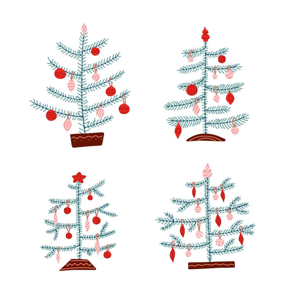 conjunto de árboles de navidad de estilo escandinavo. concepto nórdico ilustración vectorial dibujada a mano para diseños minimalistas. se puede utilizar como plantilla de camiseta y decoración navideña. vector