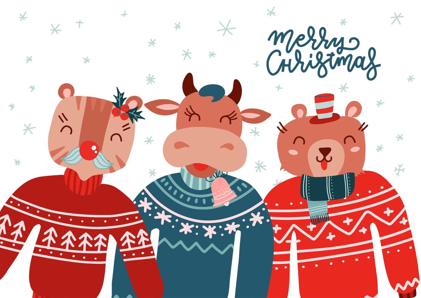 Christmas animals wearing ugly sweater set. Greeting card for print design. Christmas lettering text. Xmas background. Vector scandinavian sweater illustration. Tiger, bull, bear animals in knitting.