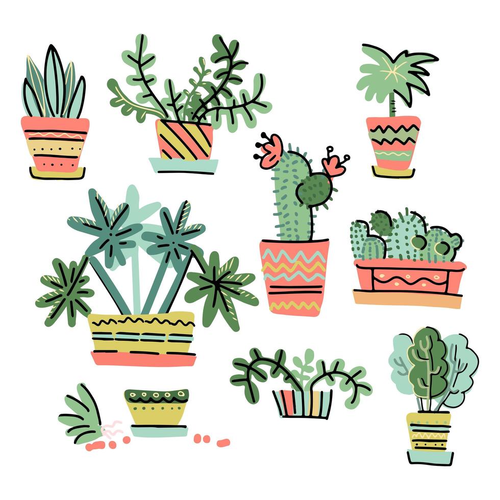 Set of Adorable Miniature Plants Design Elements.Collection of hand drawn houseplants in pots in scandinavian color style on white background.Botanical vector illustrations. Cute cartoon flowers herbs