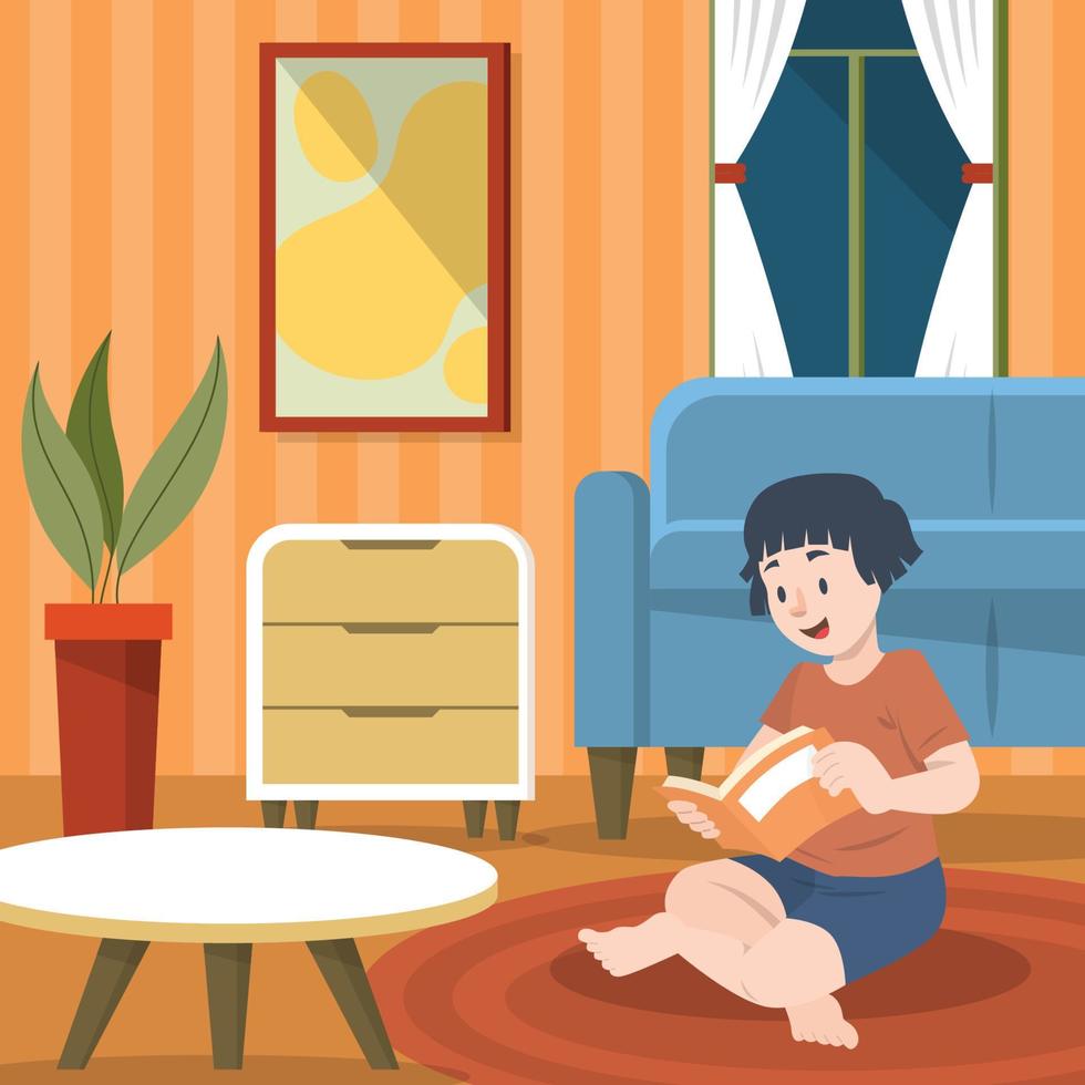 A Girl Reading A Book In The Living Room vector