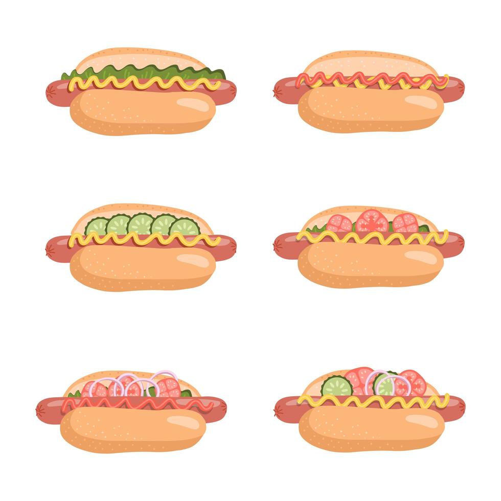 Hot Dogs Set with ready-to-eat snacks with different ingredients isolated on white background. Collection Icon element fast food delicious American fast food with fillings. Flat vector illustration
