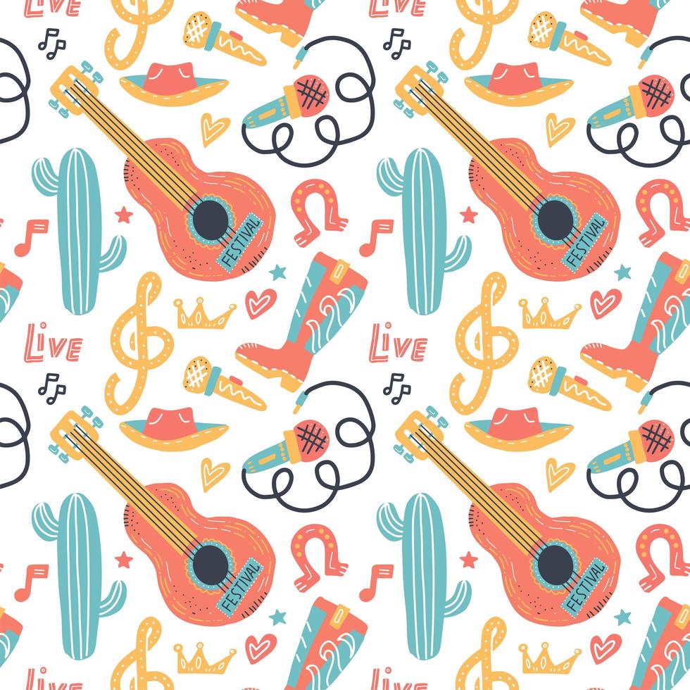 Doodle vector seamless background with acoustic guitar and cowboy elements. Ornament for Poster country music concert, festival.