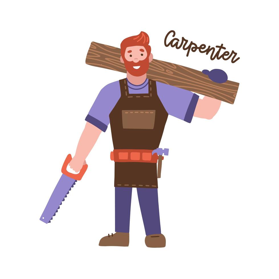 Timber Frame House Construction Worker. Handsome carpenter On Framing A Building. Isolated Flat vector Cartoon Character Illustration with lettering