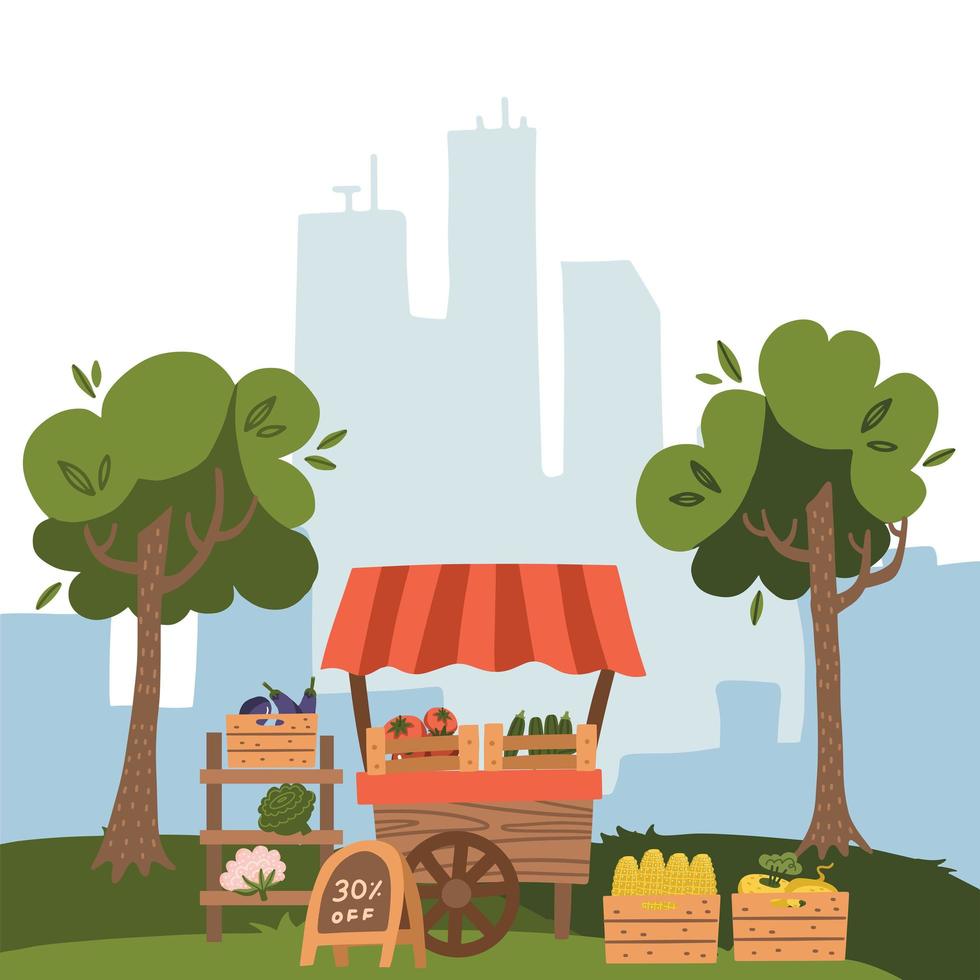 Puesto de mercado local con alimentos frescos. granja de frutas y verduras en el fondo de la vista de la ciudad con árboles, ilustración de vector de estilo plano de dibujos animados.