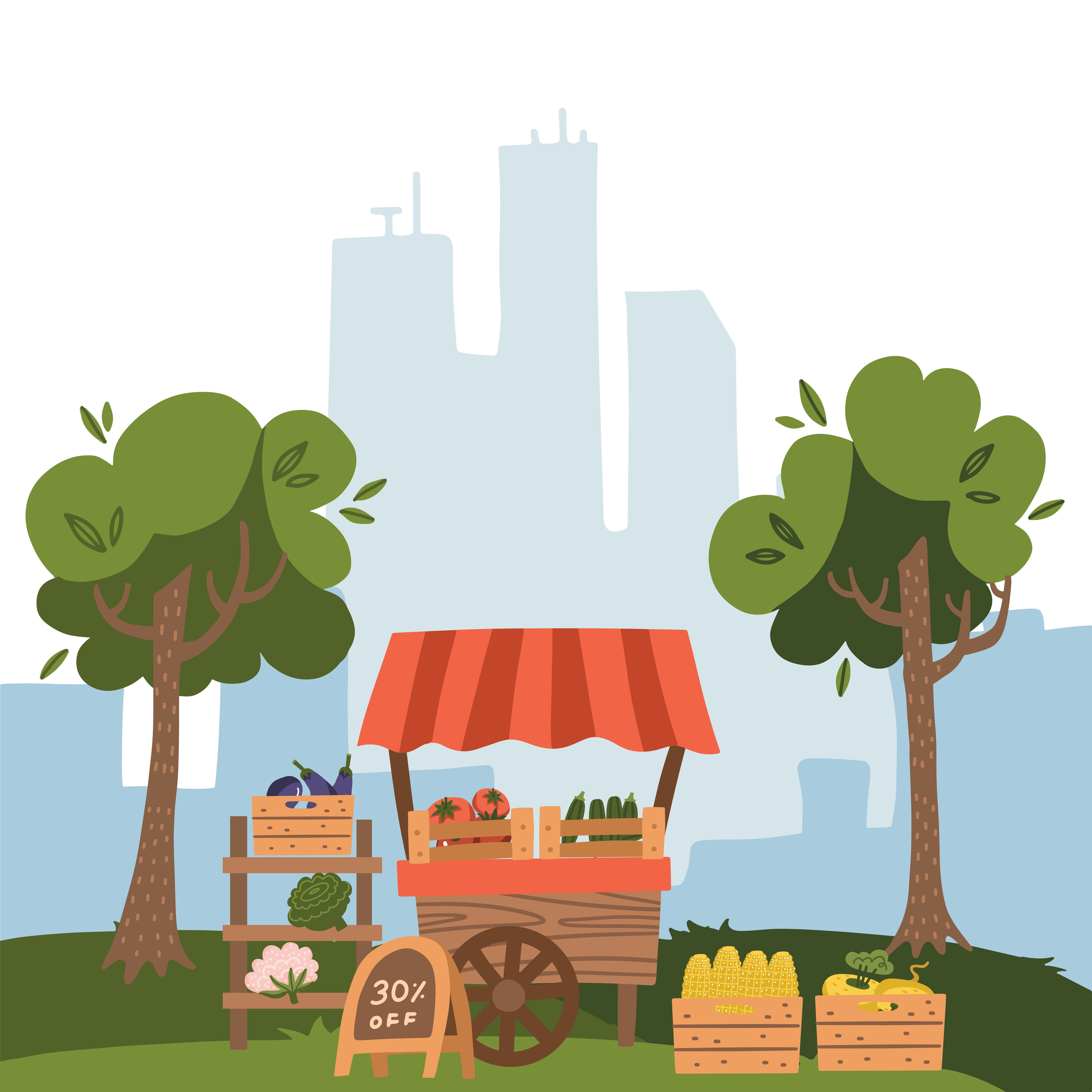 Local market stall place with fresh foods. Farm fruit and vegetable on city view background with trees, Cartoon flat style vector illustration. 6139801 Vector Art at Vecteezy Local market stall place with fresh foods. Farm fruit and vegetable on city view background with trees, Cartoon flat style vector illustration. 6139801 Vector Art at Vecteezy