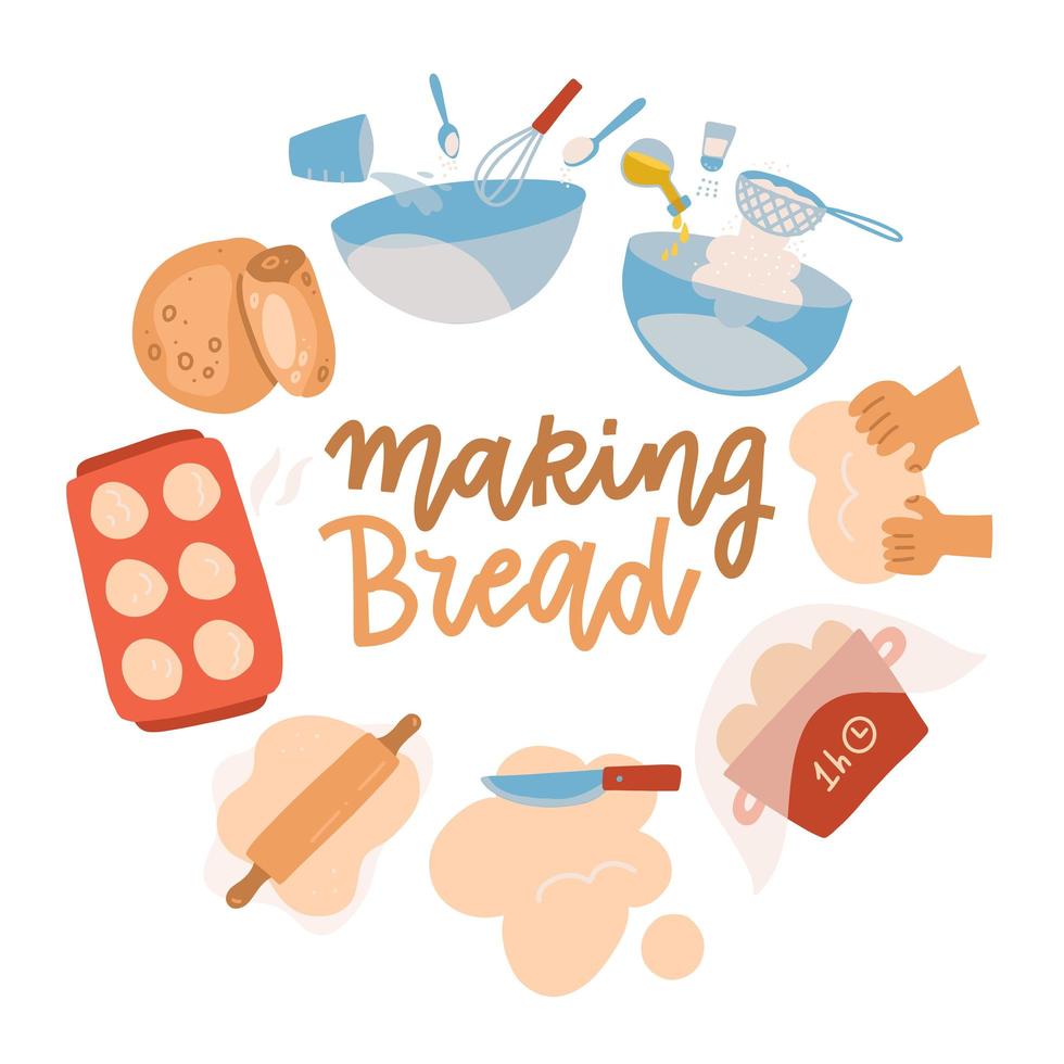 Baking tools set. Pastry making equipment and ingredients. Bread recipe with Wheat flour, rolling pin, whisk and sieve. Delicious baking. Cartoon flat vector illustration with lettering. Round concept