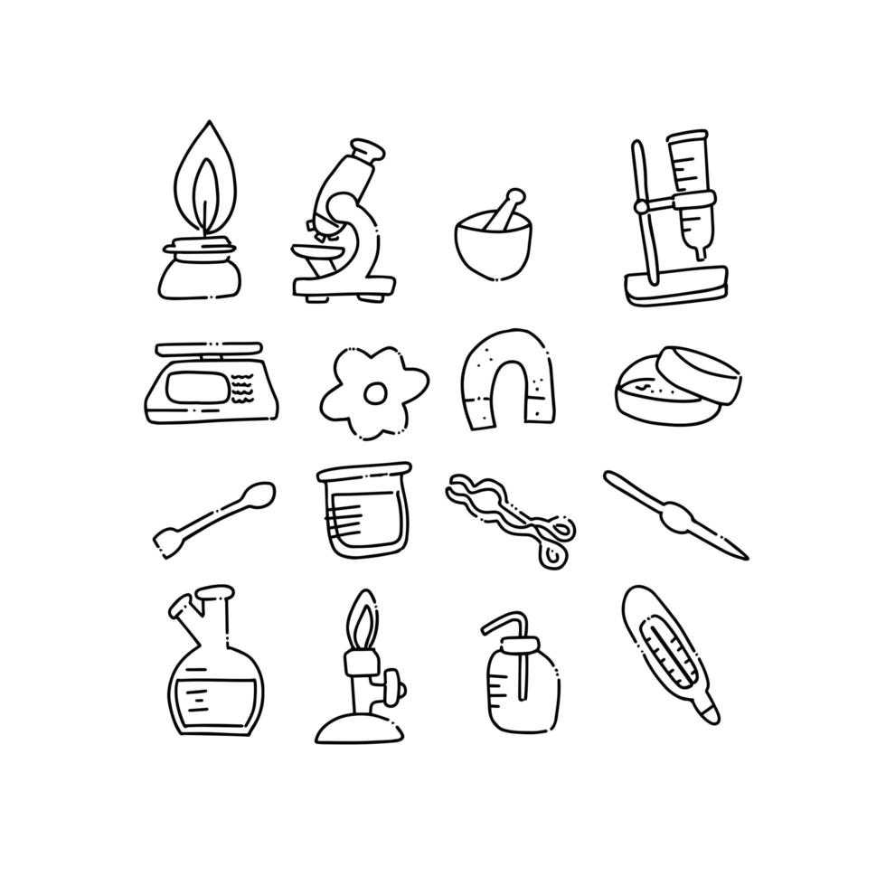 Set of laboratory equipment in black and white outlined doodle style. Hand drawn childish chemistry and science icons set. Elements, formulas, tools, test-tube. Reactions research, education, medical vector