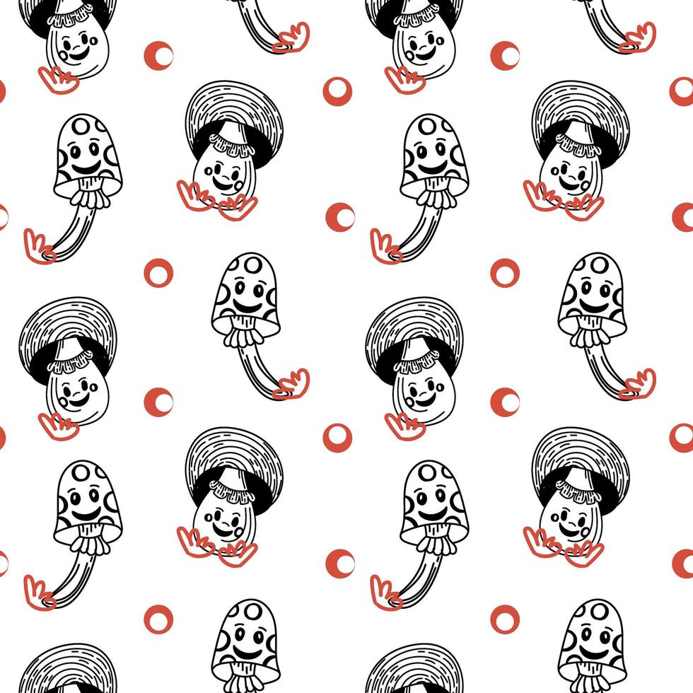 A seamless background of Amanita mushrooms. Halloween. Hand-drawn doodle-style elements. Poisonous mushrooms for a witch potion. Red in white peas mushrooms. vector