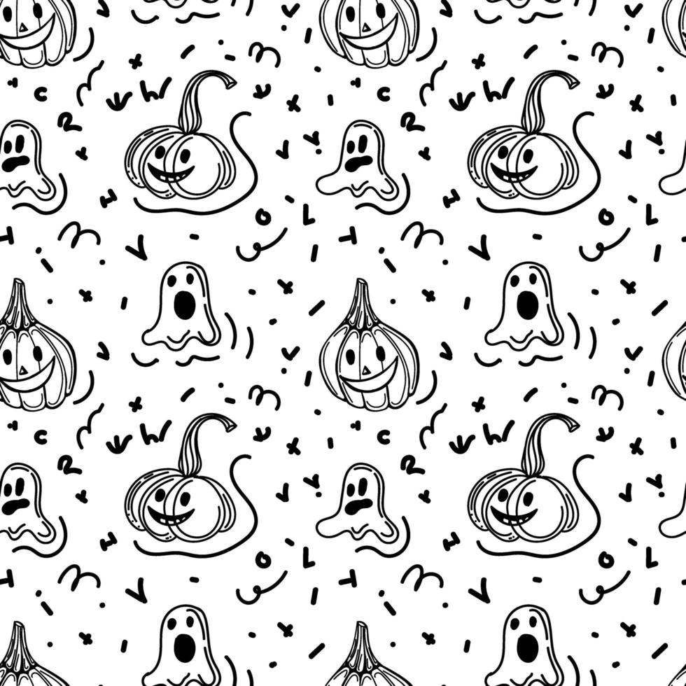 Seamless background with Halloween elements drawn in doodle style. Cute pumpkins and cheerful ghosts. Monogamous Halloween background. vector