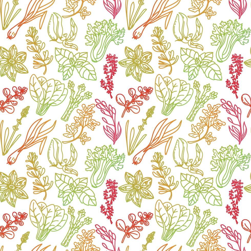 Seamless pattern of herbs, drawn element in doodle style. Silhouettes in rainbow color. Herbs and spices - chili, vanilla, barberry, rosemary, bay leaf, etc. Pattern in a fashionable linear style. vector