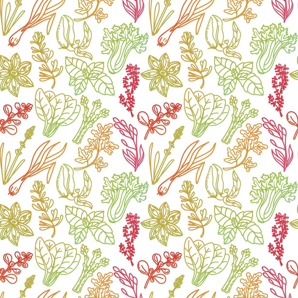 Seamless pattern of herbs, drawn element in doodle style. Silhouettes in rainbow color. Herbs and spices - chili, vanilla, barberry, rosemary, bay leaf, etc. Pattern in a fashionable linear style. vector