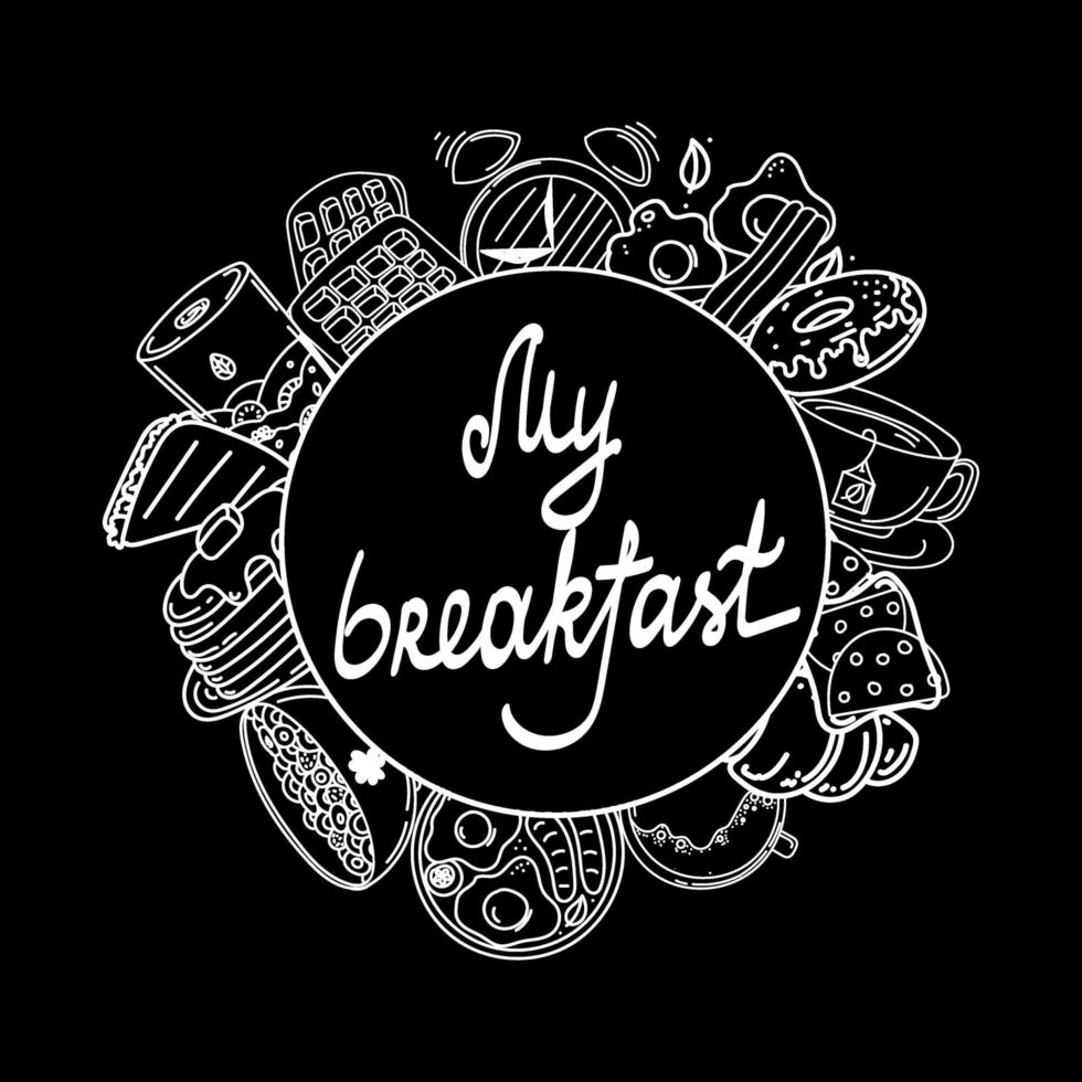 Hand-drawn doodle-style food and appliances. Elements on black background. Blender, toaster. Handwritten caption. Good morning breakfast. Flat vector style.