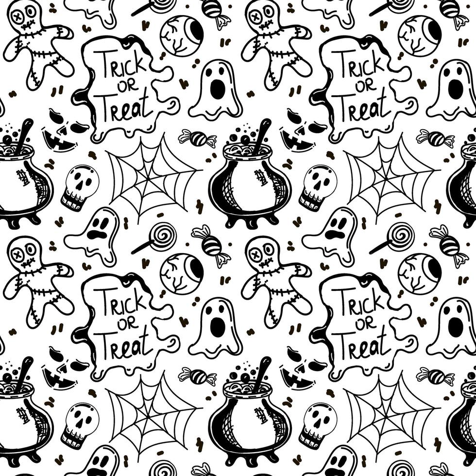 Seamless background with Halloween elements drawn in a doodle style. Poison potions, spider webs, p and voodoo dolls. Monogamous Halloween background. vector