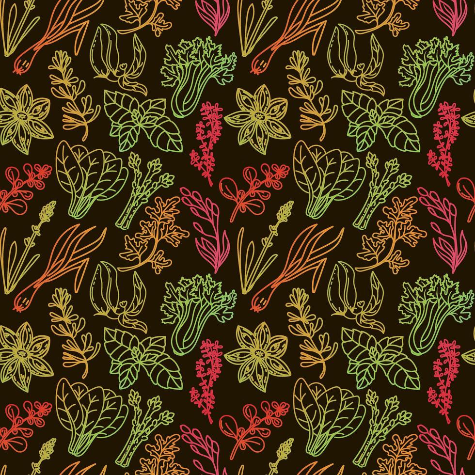 Seamless grass pattern, drawn element in doodle style. Silhouettes in rainbow colors n Herbs and spices - chili, vanilla, barberry, rosemary, bay leaf, etc. Pattern in a fashionable linear style. vector