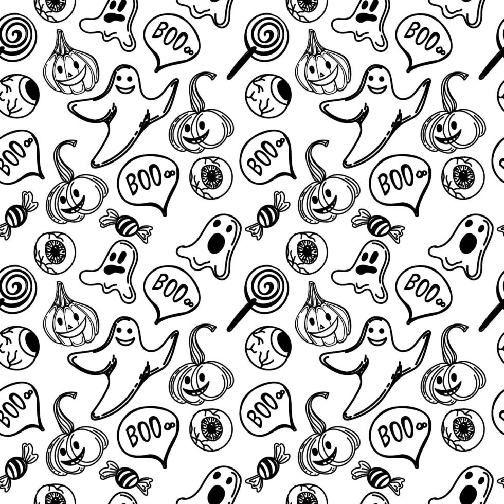 Seamless background with Halloween elements drawn in doodle style. Cute pumpkins, funny ghosts and candy. Monogamous Halloween background. vector