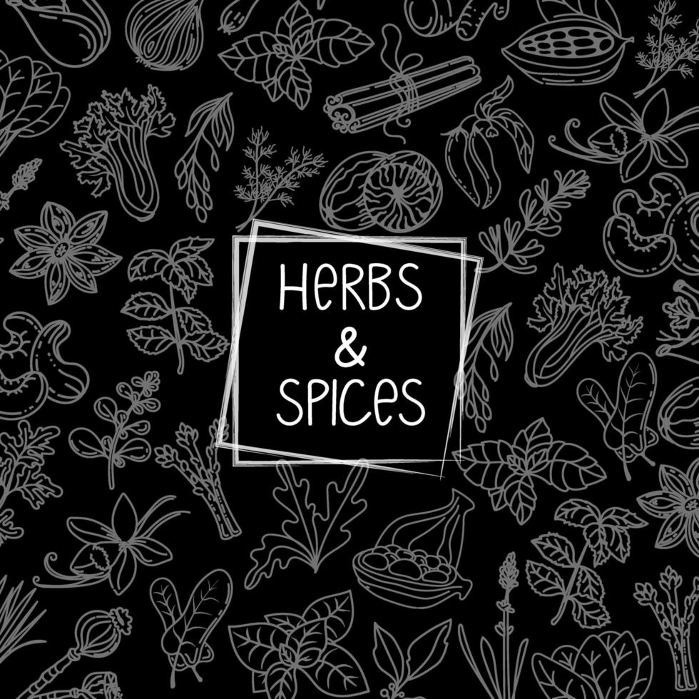 Herbs and spices, hand-drawn vector illustrations. Hand-drawn food sketch. Aromatic plants. Black background packaging design. Sketch style. Silhouette design of spices and herbs.