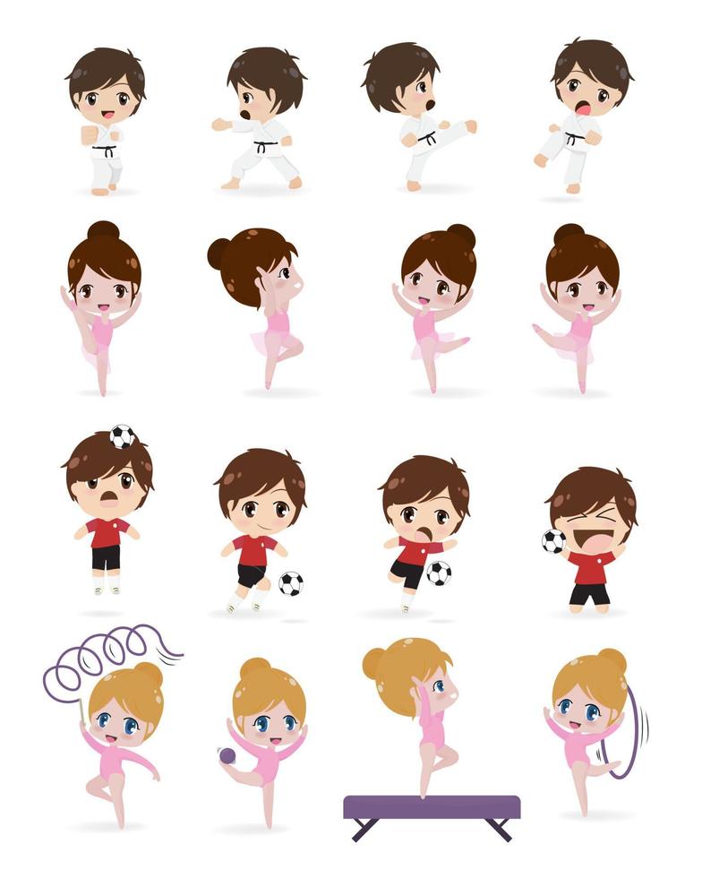 cute kids in sports activity collection on white background isolated vector