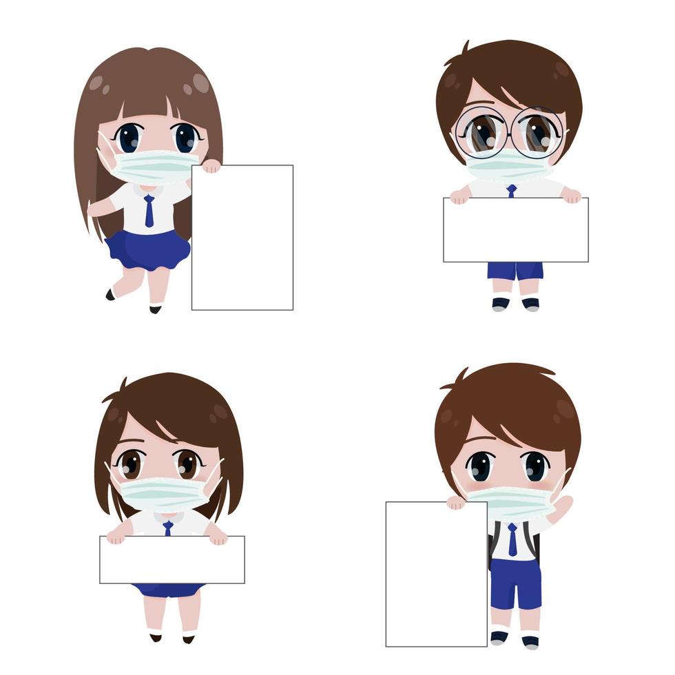 happy kids in student uniform clothes wear medical face mask holding banner for back to school concept flat style vector