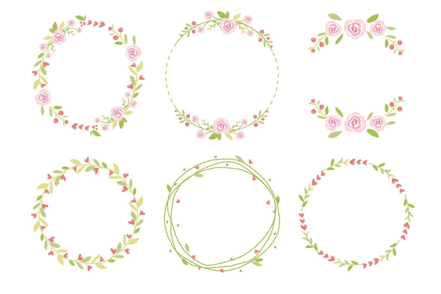 cute pastel green pink valentine roses flat style wreath frame collection vector