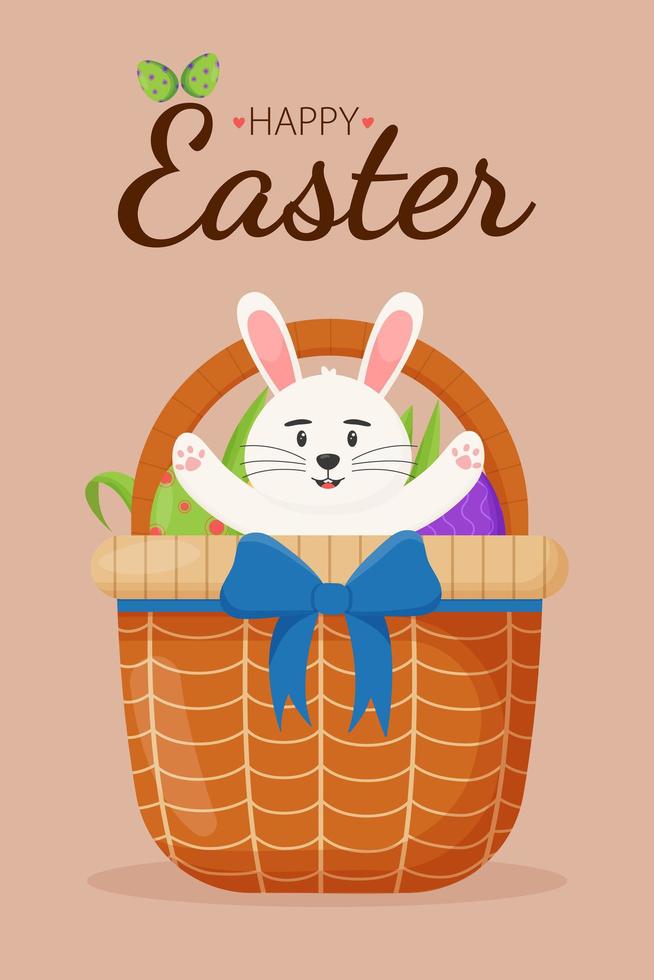 Easter greeting card with wicker basket and Easter eggs. Happy Easter banners, greeting cards, posters, holiday covers. vector