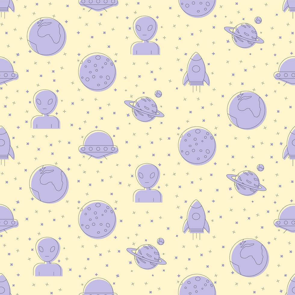 Space objects seamless pattern. Rocket, mars, earth, alien vector