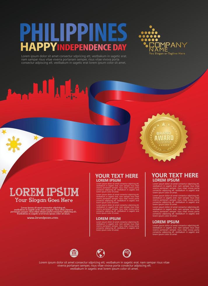 plantilla de fondo del feliz día nacional de filipinas con banderas de cinta y ciudad de silueta para un folleto de póster y folleto vector