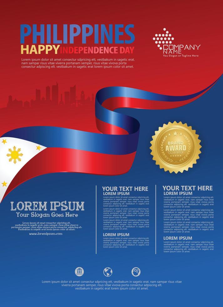 Philippines happy National Day background template with ribbon flags and silhouette city for a poster leaflet and brochure vector
