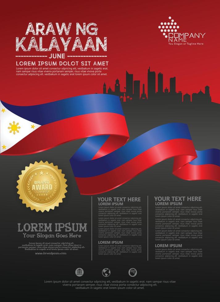 Philippines happy National Day background template with ribbon flags and silhouette city for a poster leaflet and brochure vector