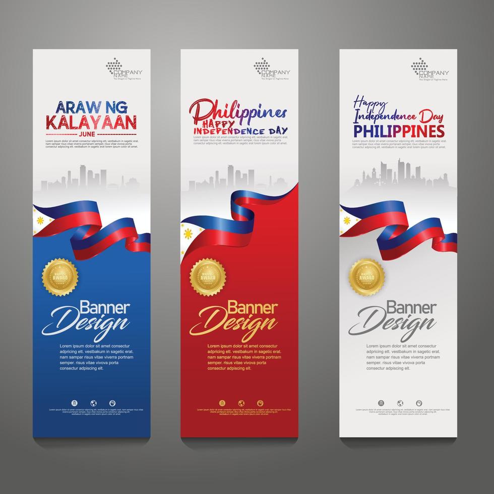 establecer plantilla de diseño de banner vertical. feliz día de la independencia de filipinas fondo moderno con bandera de cinta, cinta de premio de oro y ciudad de silueta vector