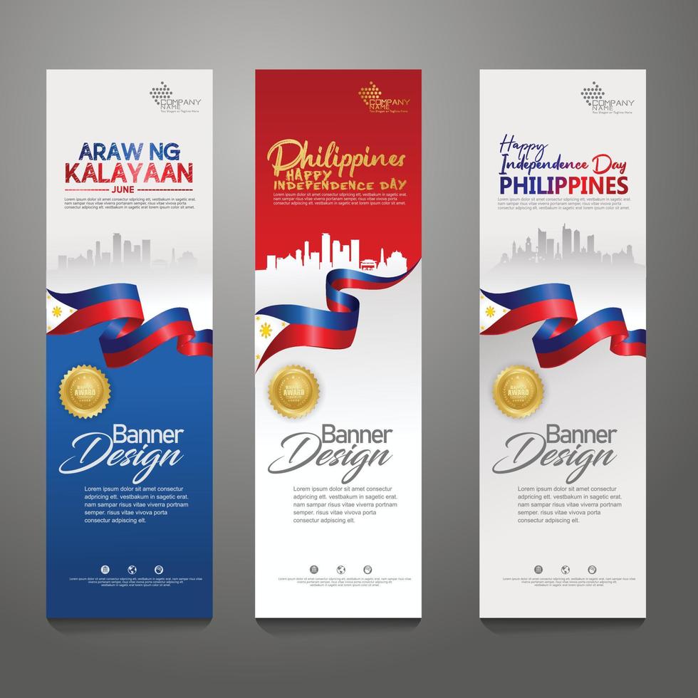 establecer plantilla de diseño de banner vertical. feliz día de la independencia de filipinas fondo moderno con bandera de cinta, cinta de premio de oro y ciudad de silueta vector