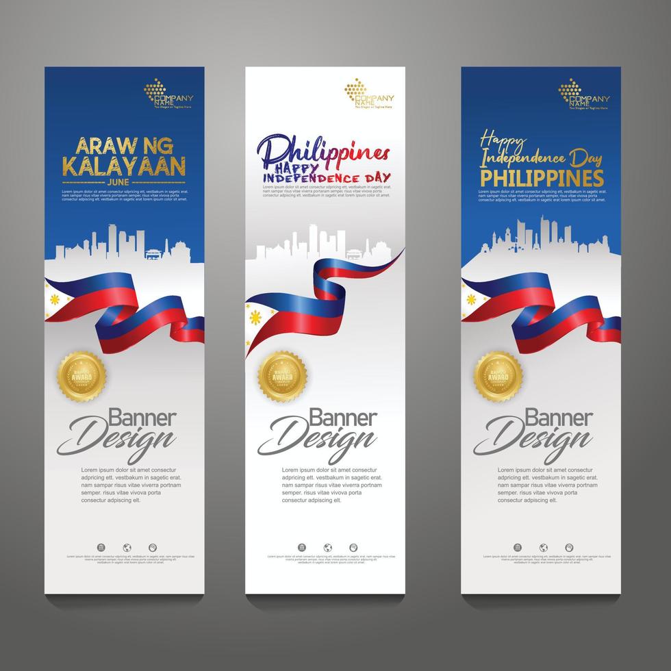 establecer plantilla de diseño de banner vertical. feliz día de la independencia de filipinas fondo moderno con bandera de cinta, cinta de premio de oro y ciudad de silueta vector