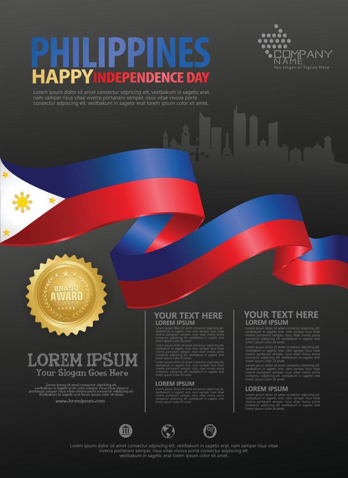 plantilla de fondo del feliz día nacional de filipinas con banderas de cinta y ciudad de silueta para un folleto de póster y folleto vector