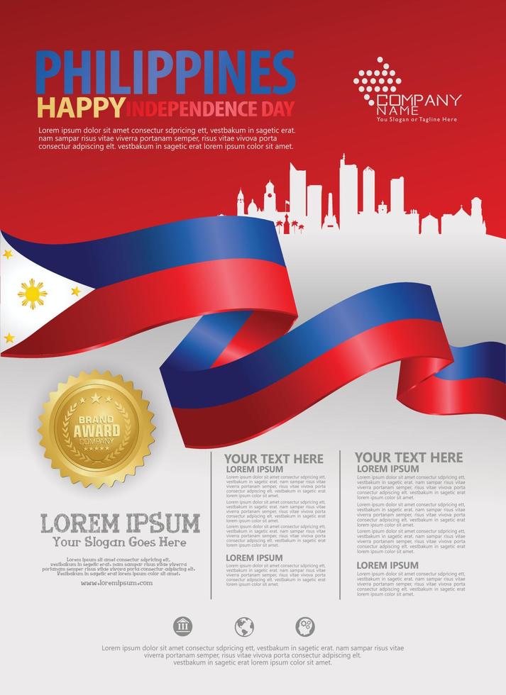plantilla de fondo del feliz día nacional de filipinas con banderas de cinta y ciudad de silueta para un folleto de póster y folleto vector