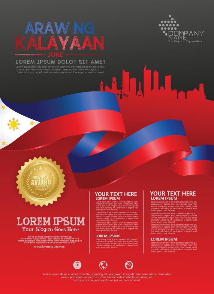 Philippines happy National Day background template with ribbon flags and silhouette city for a poster leaflet and brochure vector