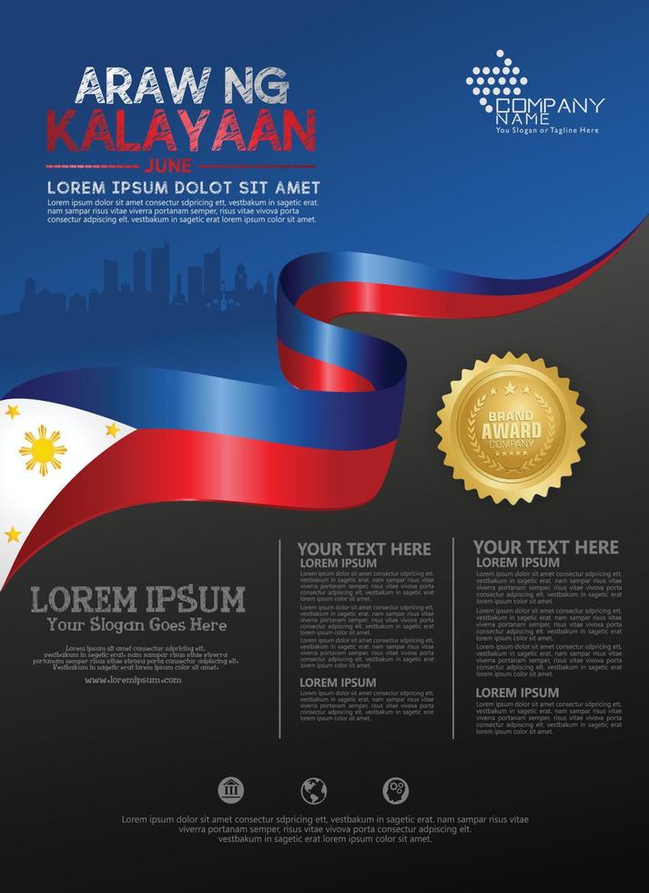 Philippines happy National Day background template with ribbon flags and silhouette city for a poster leaflet and brochure vector