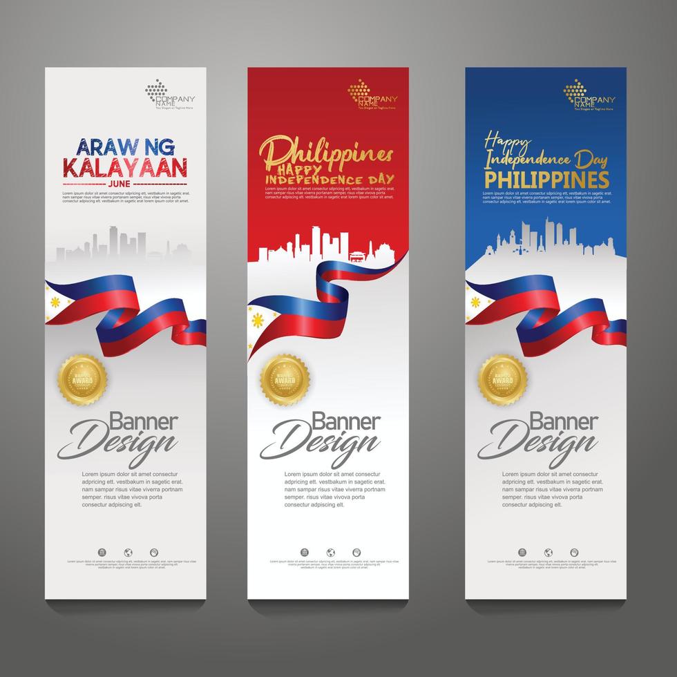 establecer plantilla de diseño de banner vertical. feliz día de la independencia de filipinas fondo moderno con bandera de cinta, cinta de premio de oro y ciudad de silueta vector