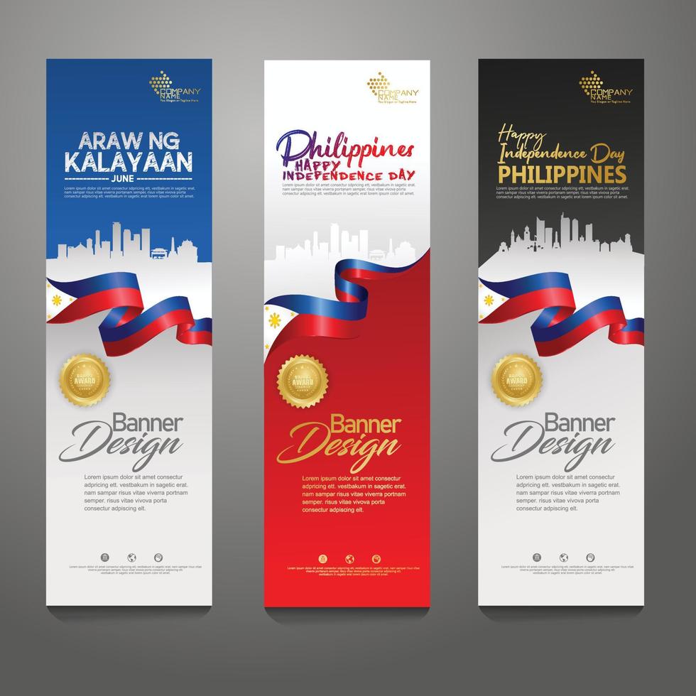 establecer plantilla de diseño de banner vertical. feliz día de la independencia de filipinas fondo moderno con bandera de cinta, cinta de premio de oro y ciudad de silueta vector