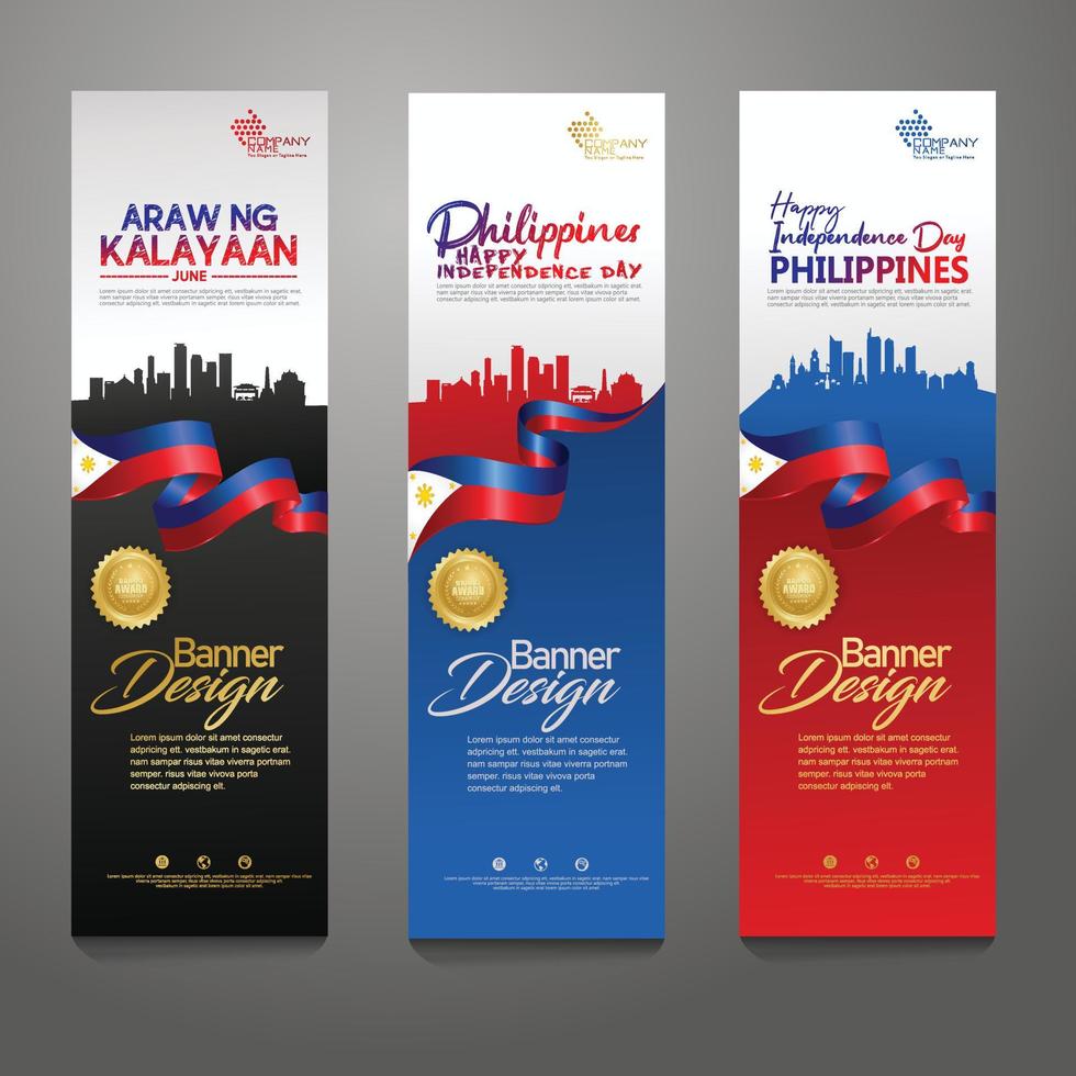 establecer plantilla de diseño de banner vertical. feliz día de la independencia de filipinas fondo moderno con bandera de cinta, cinta de premio de oro y ciudad de silueta vector