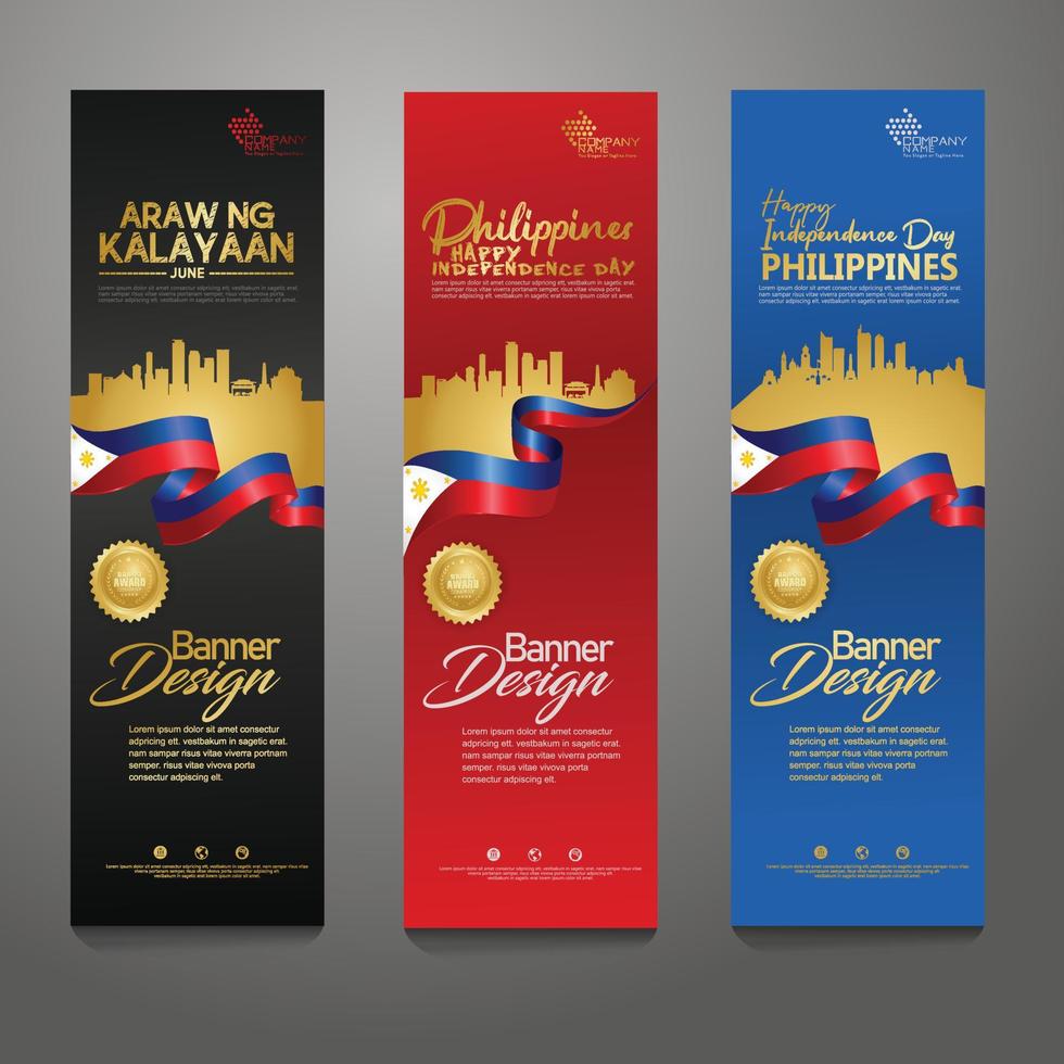 establecer plantilla de diseño de banner vertical. feliz día de la independencia de filipinas fondo moderno con bandera de cinta, cinta de premio de oro y ciudad de silueta vector