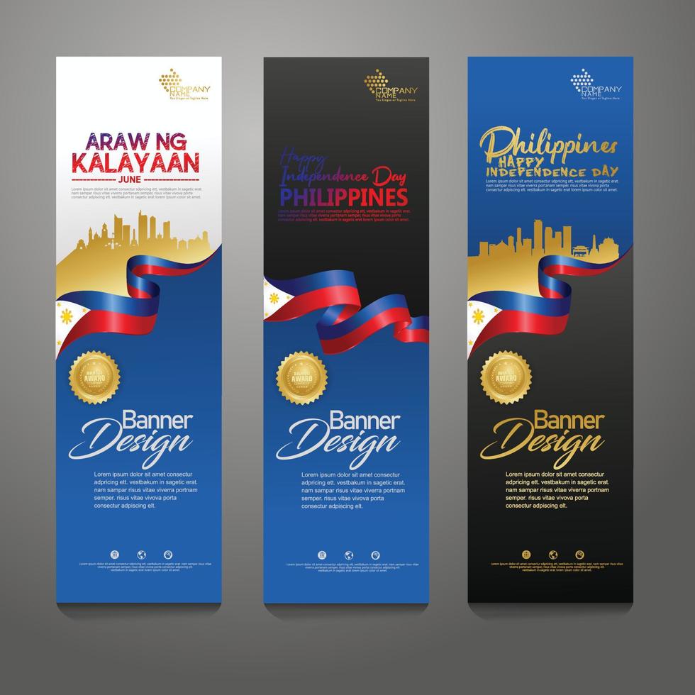 establecer plantilla de diseño de banner vertical. feliz día de la independencia de filipinas fondo moderno con bandera de cinta, cinta de premio de oro y ciudad de silueta vector