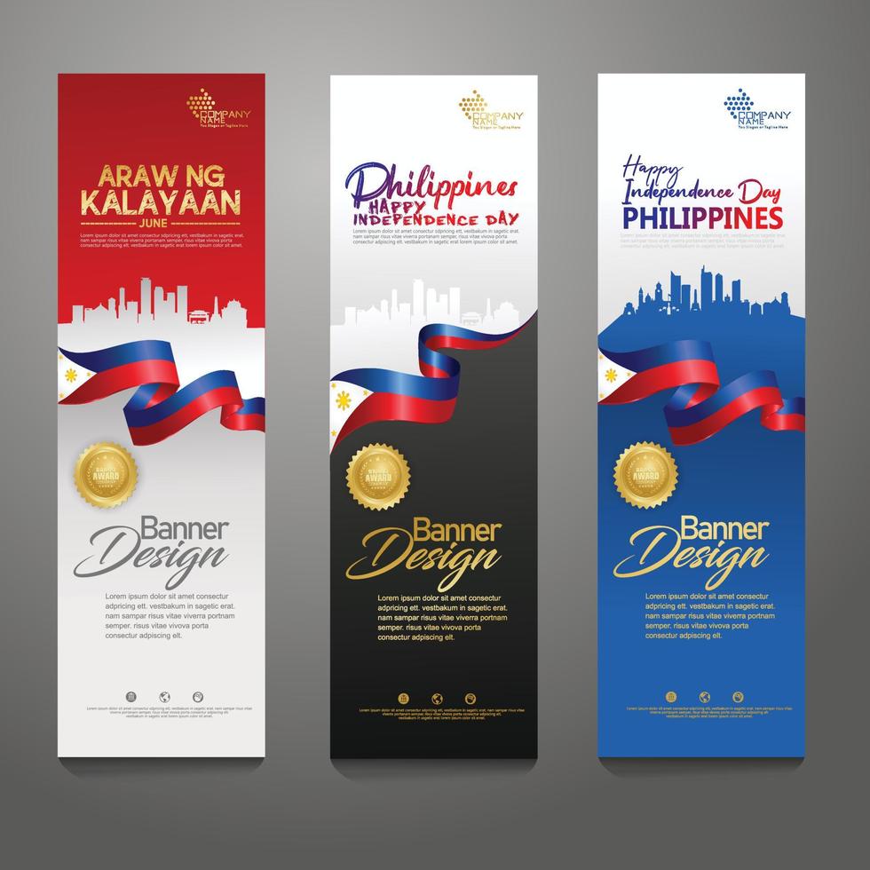 Set vertical banner design template. Happy Independence Day Philippines modern background with ribbon flag, gold award ribbon and silhouette city vector