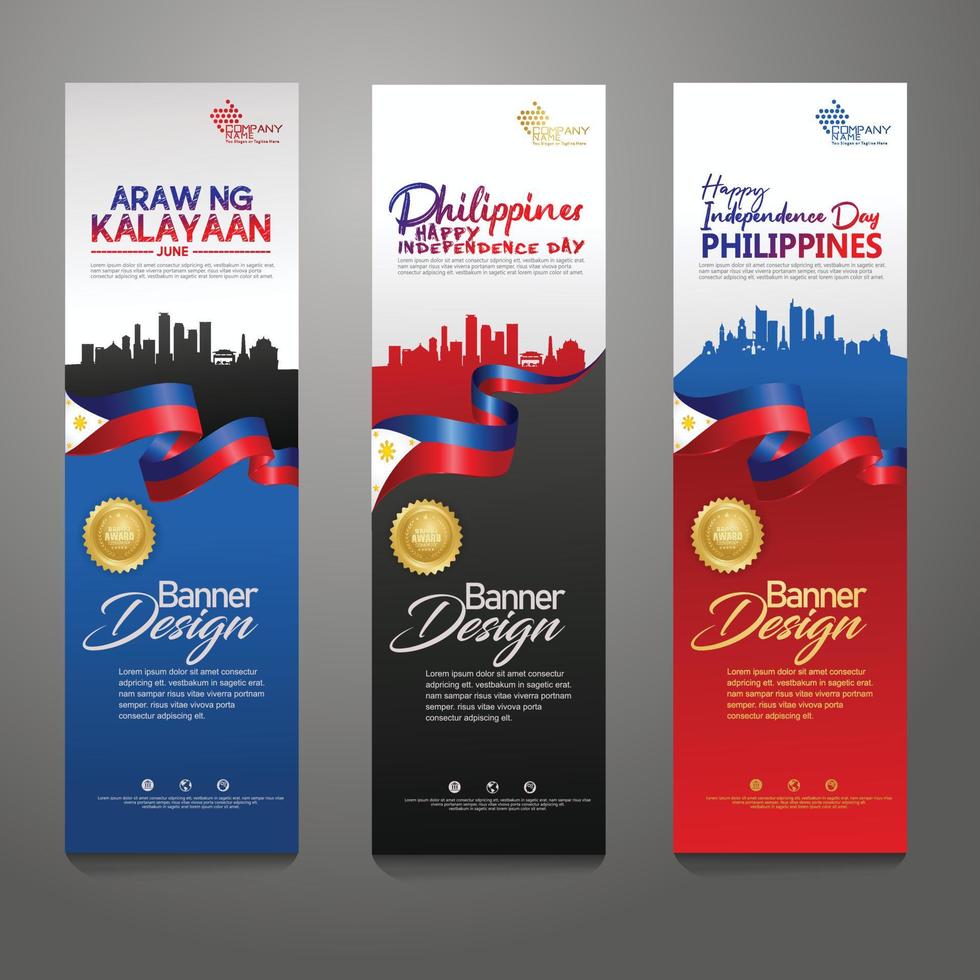 establecer plantilla de diseño de banner vertical. feliz día de la independencia de filipinas fondo moderno con bandera de cinta, cinta de premio de oro y ciudad de silueta vector