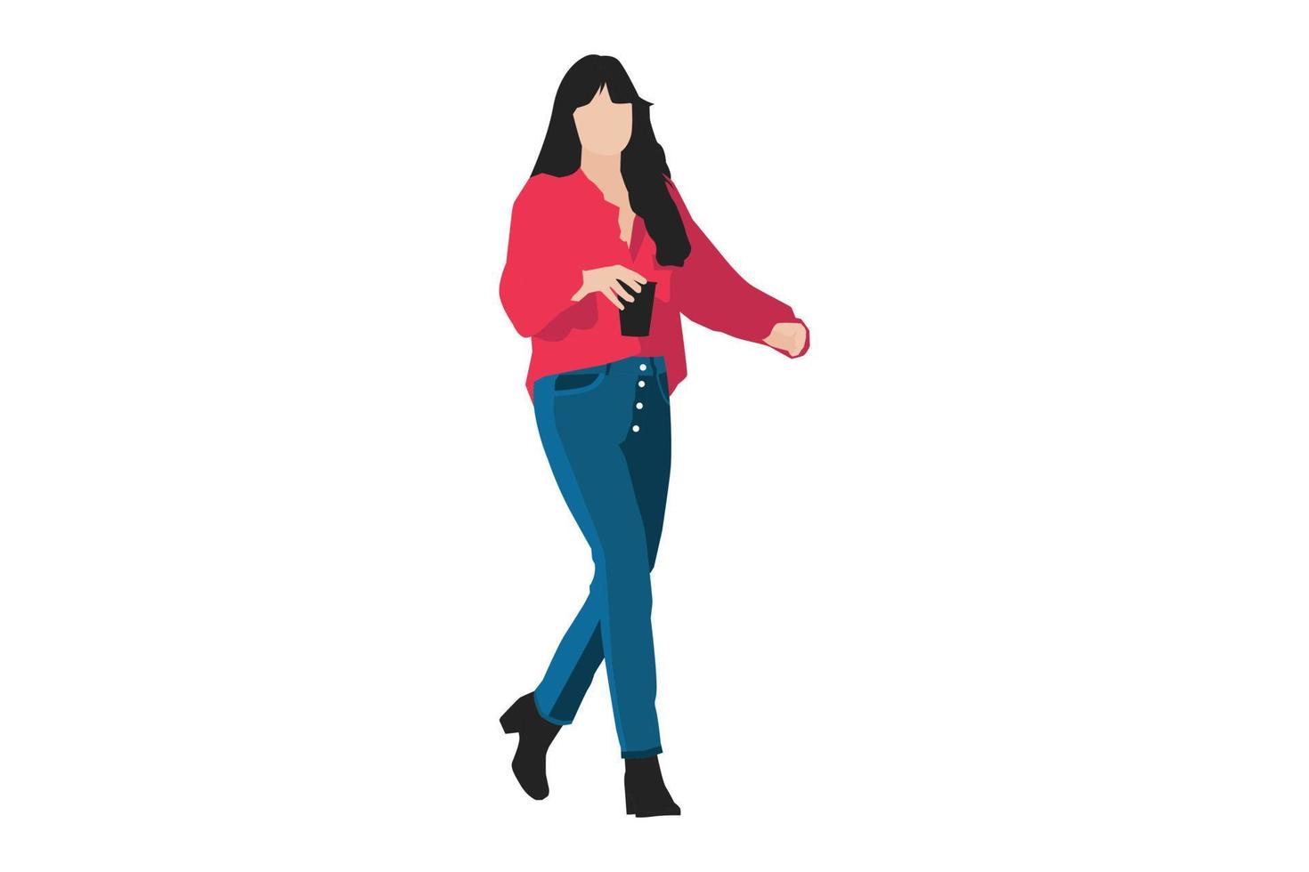 Vector illustration of casual women walking with her coffee
