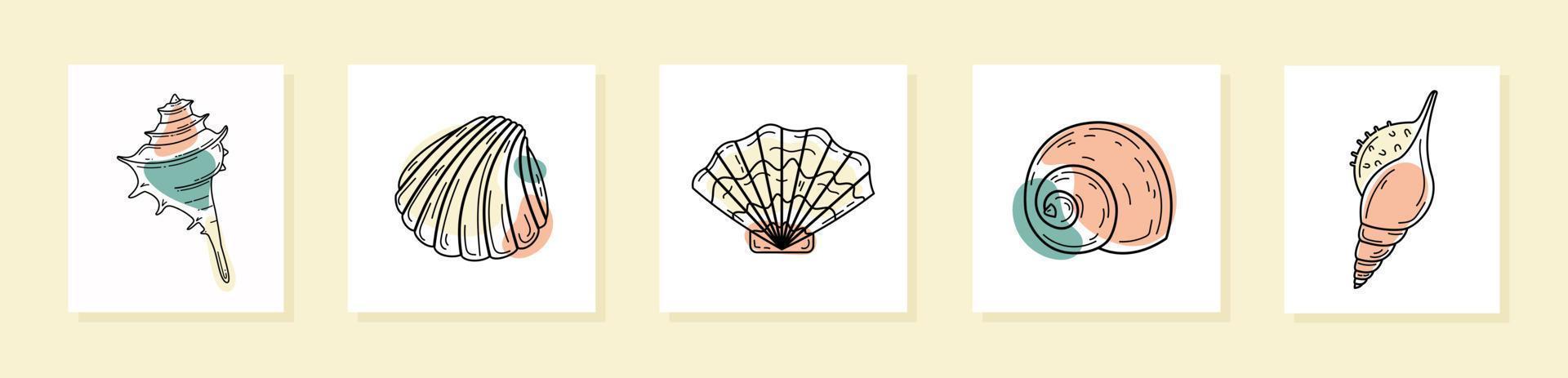 Set of cards with seashells. Shells silhouettes with abstract geometric shapes. Minimalist marine print for home decor. Flat vector illustration.
