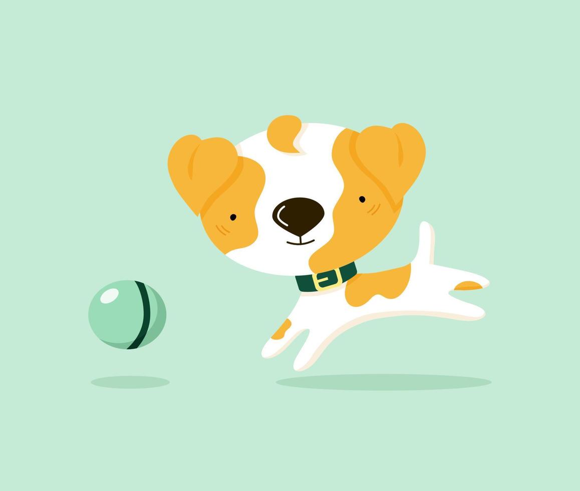 Cute cartoon running dog with a ball. Funny animal character for kids design. Puppy pet playing ball. Flat vector illustration.