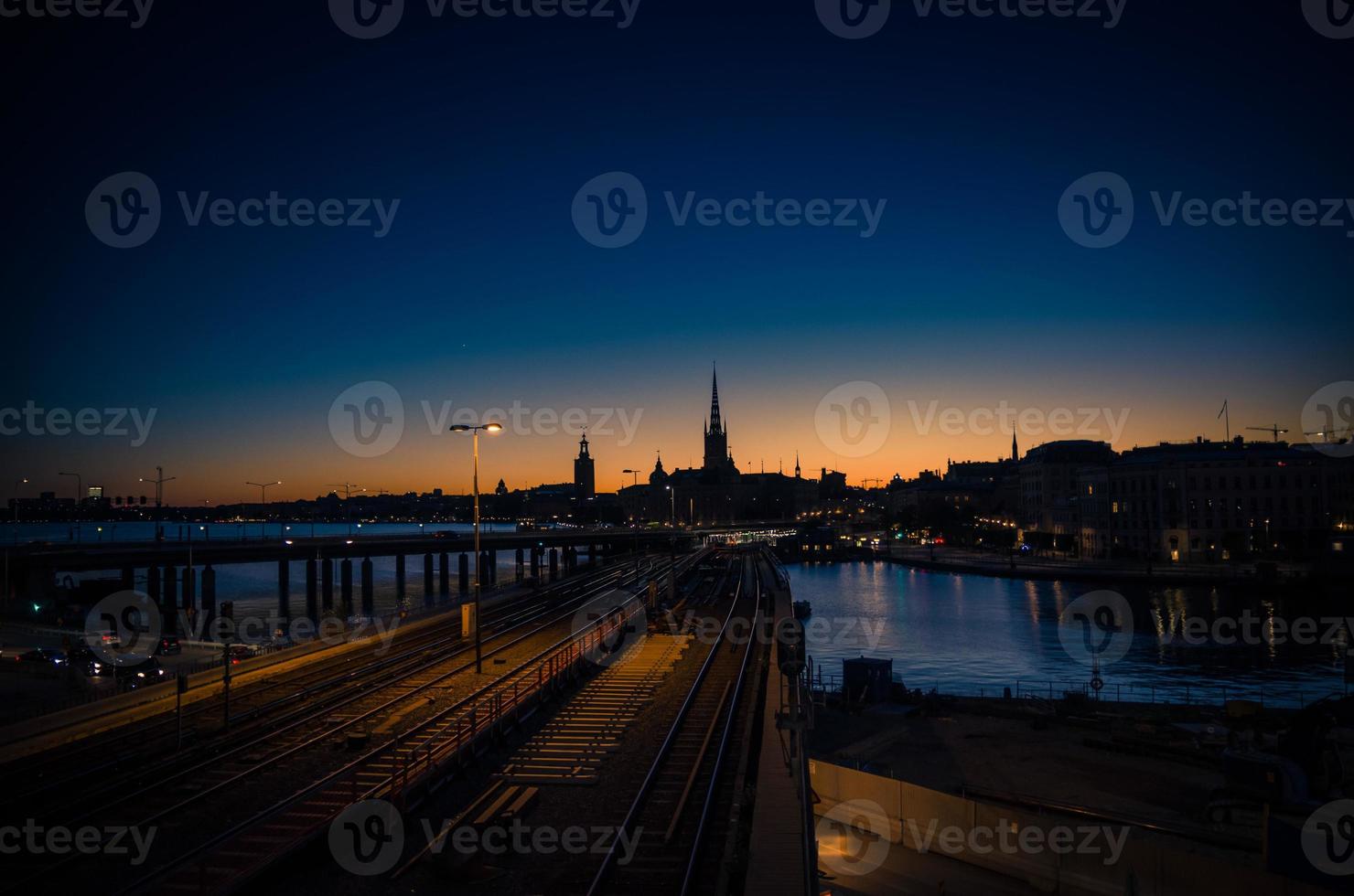 Silhouette of Stockholm cityscape skyline at sunset, dusk, Sweden photo