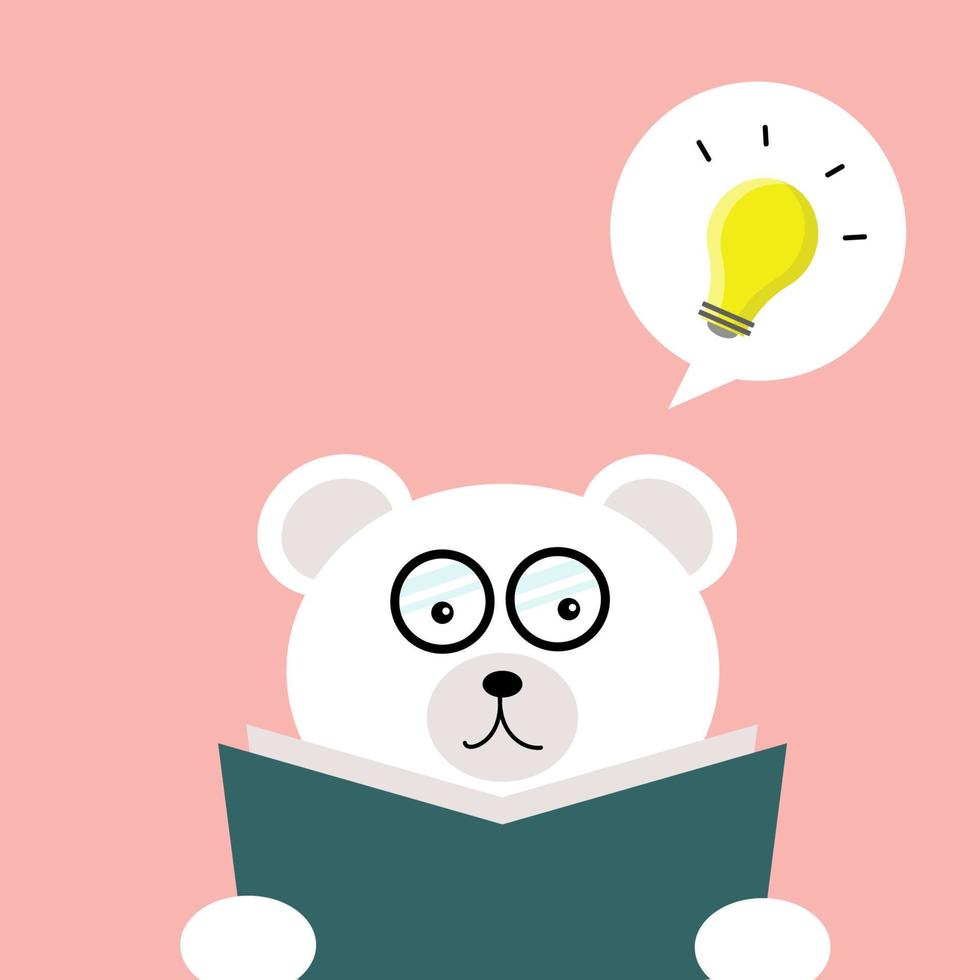 concepto de educación lindo oso blanco está leyendo un libro con bombilla amarilla en la burbuja del habla vector