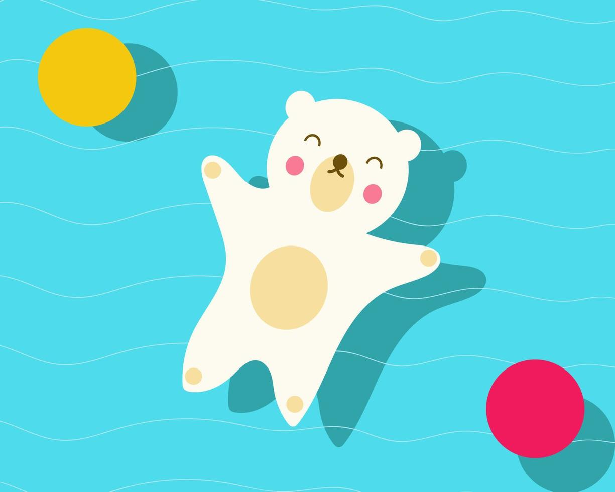 concepto de verano. lindo oso blanco con sonrisa en el agua, estilo de vector de dibujos animados para su diseño.